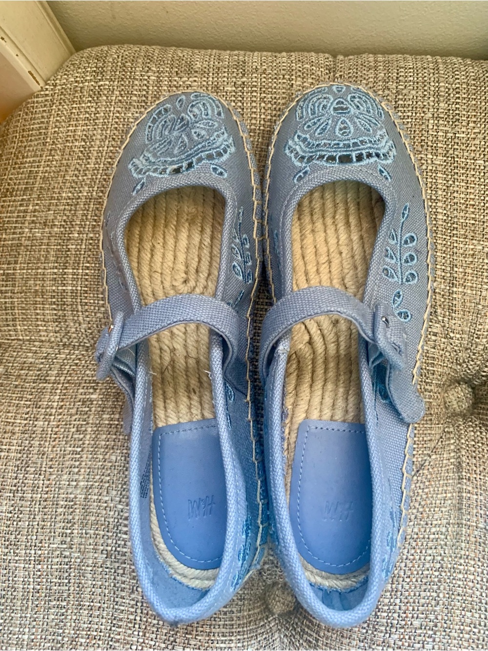 H & M Blue Embroidered Mary Jane Espadrille Flats SZ 38